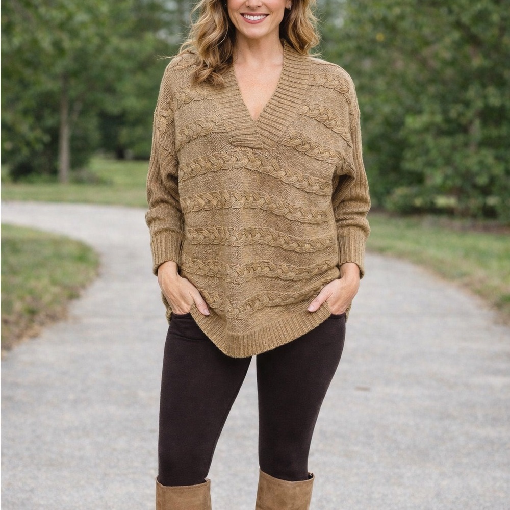 NWT Jones‎ New York Chunky Cable Knit Oversize V Neck Wool Blend Sweater L Brown
